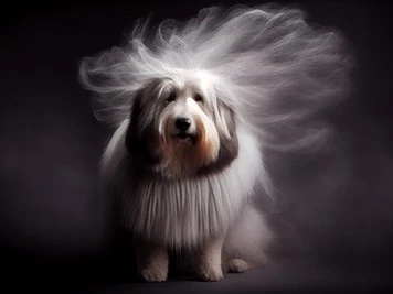 собака с растрепанными волосами на темном фоне